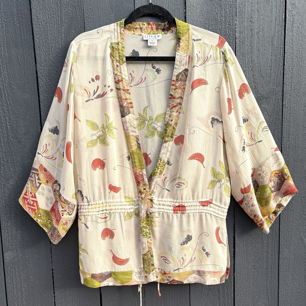 Citron Santa Monica Silk Kimono Boho Top Small Asian Art Sheer Floral Layering